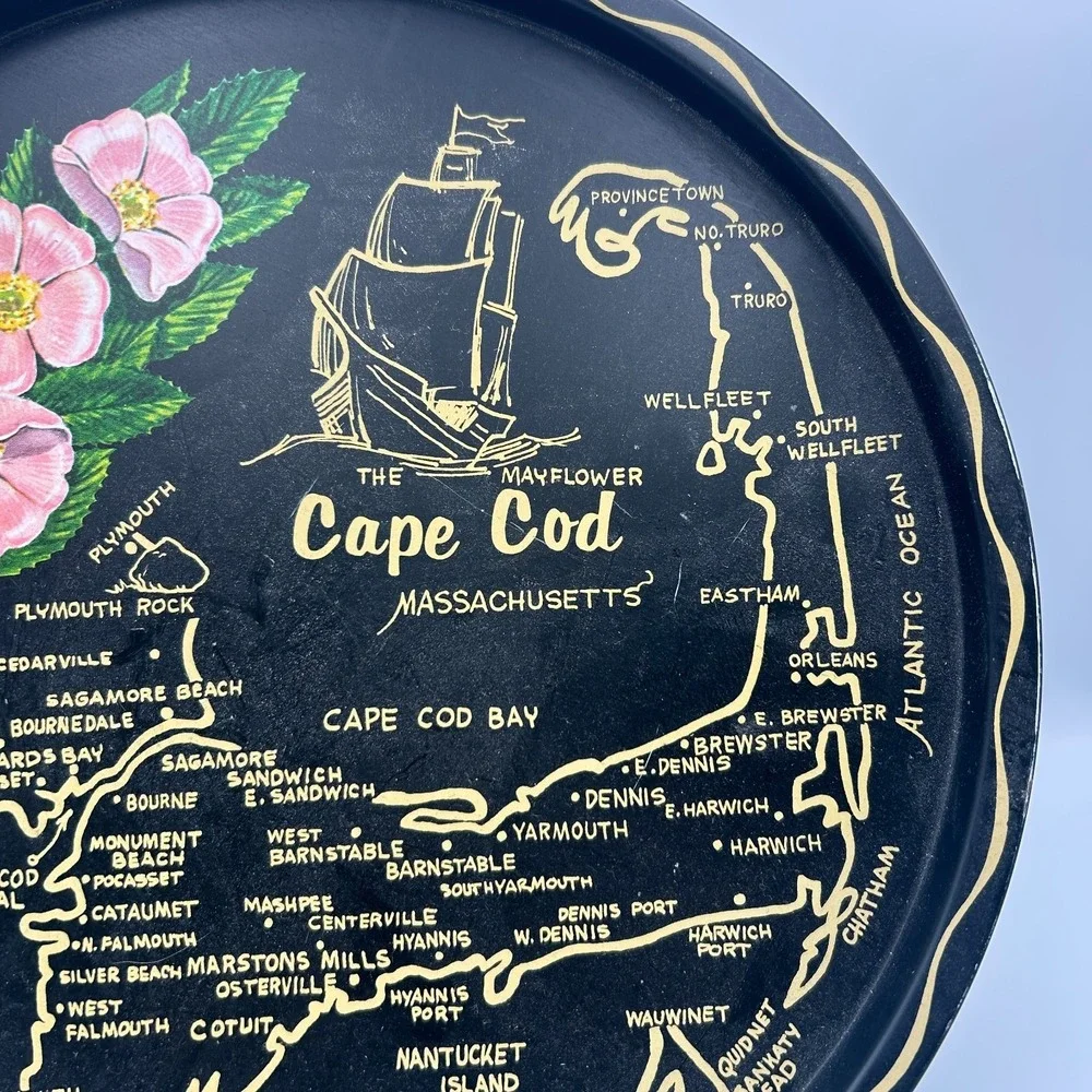 Vintage 60s Cape Cod Massachusetts Tin Metal Serving Tray Souvenir Map 11